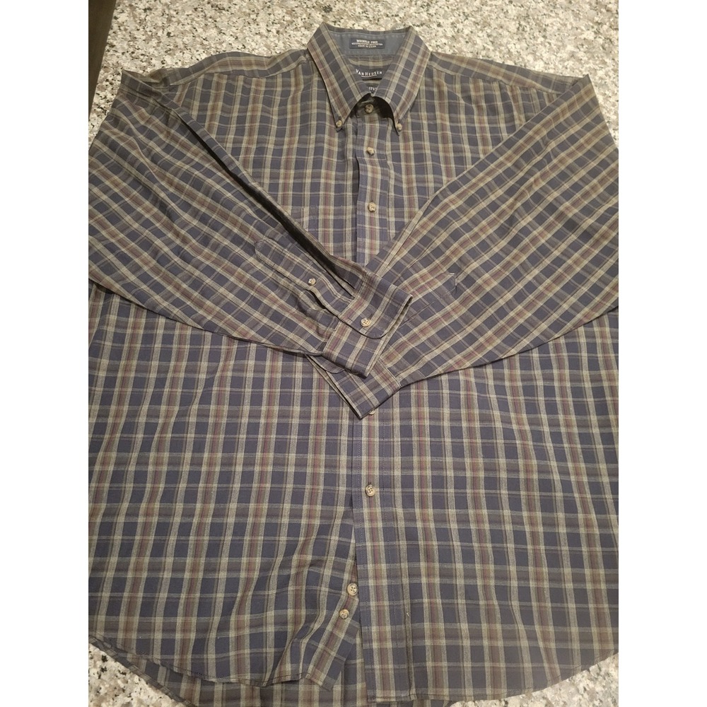 Van Heusen Mens XL 17-17.5 Plaid Button Down Shirt Wrinkle Free Blue Green Dress